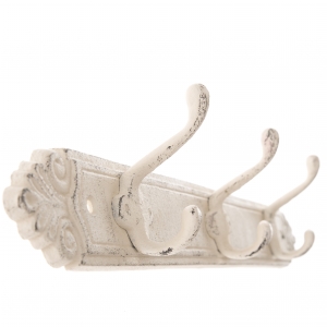 Věšák na oblečení se třemi háčky bílý s patinou 43x7x6,5cm