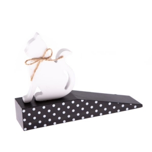 Zarážka dveří s bílou kočkou 17,5 x 4 x 10 cm dřevěná