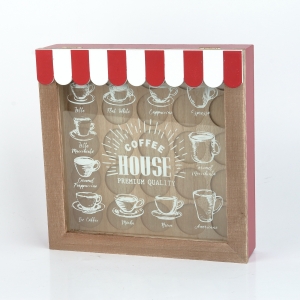 Zásobník na kapsle do kávovaru prosklený červeno-bílý 23,5 x 23,5 x 5,5 cm dřevěný