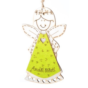 Závěsná dekorace Anděl štěstí žlutý s nápisem v 13 cm dřevěný