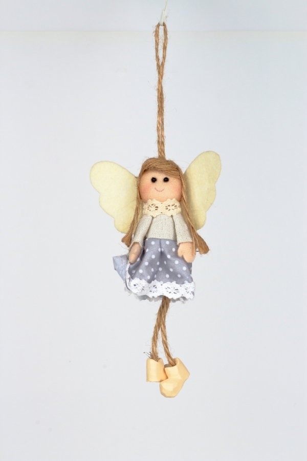 Závěsná dekorace anděl v šedých šatech s puntíky 14cm