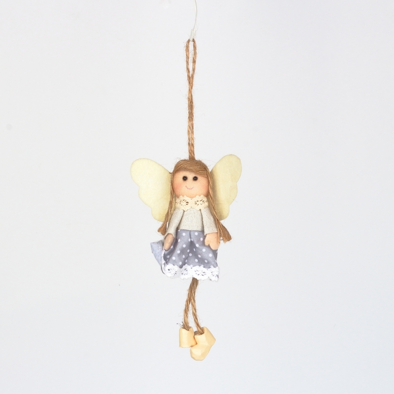 Závěsná dekorace anděl v šedých šatech s puntíky 14cm