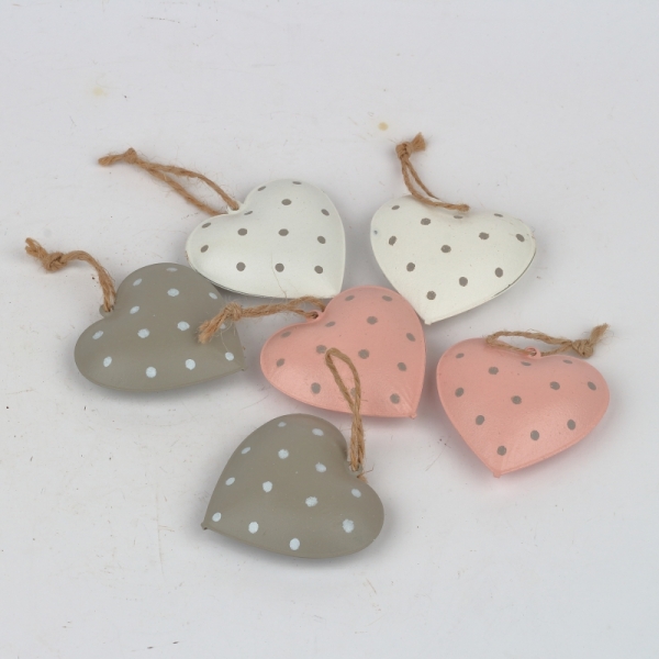 Závěsná dekorace kovové srdce s puntíky (box 6ks)