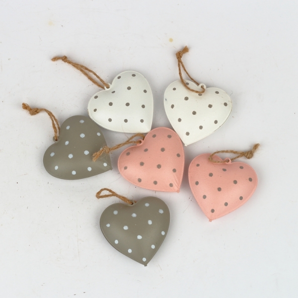 Závěsná dekorace kovové srdce s puntíky (box 6ks)