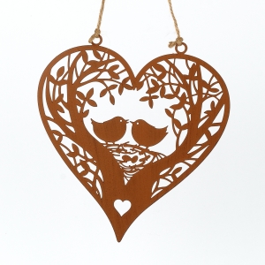 Závěsná dekorace rezavé srdce s ptáčky 18cm
