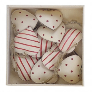 Závěsná dekorace srdíčko s červeným zdobením box 10ks