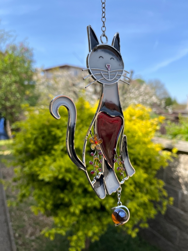 Závěsná skleněná dekorace do okna kočka 30cm typ2