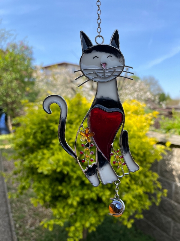 Závěsná skleněná dekorace do okna kočka 30cm typ2