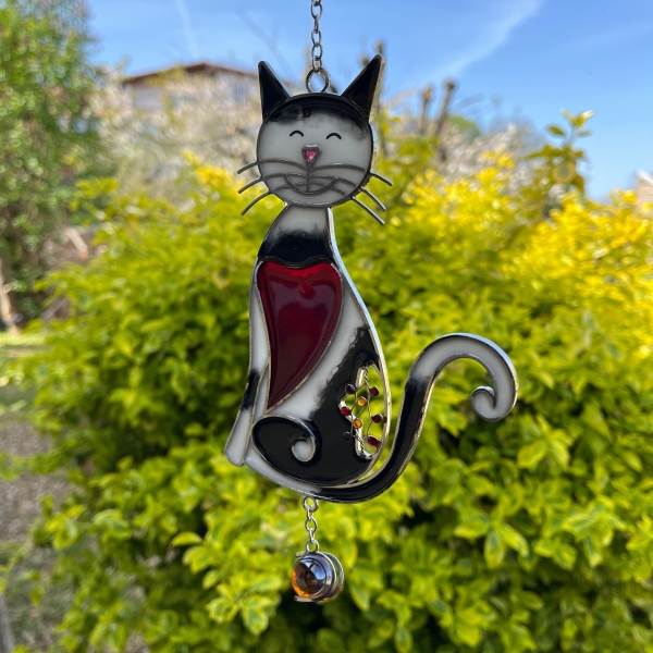 Závěsná skleněná dekorace do okna kočka 30cm