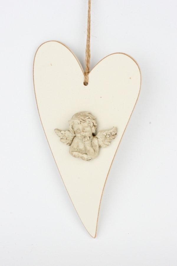 Závěsná vintage dekorace srdce s andělem 24x14cm